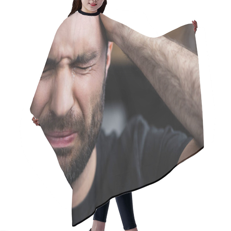 Personality  Depressed Bearded Man Crying With Closed Eyes And Holding Hand On Head Hair Cutting Cape