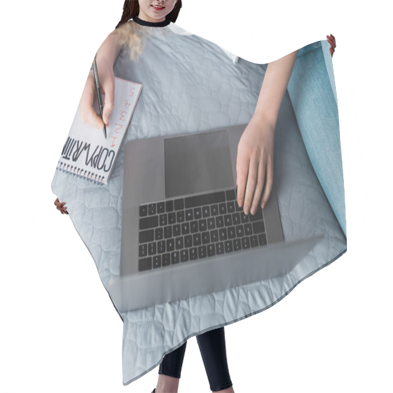 Personality  Top View Of Cropped Woman Near Laptop And Notebook With Copywriting Lettering Hair Cutting Cape