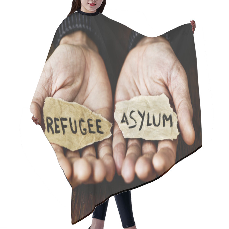 Personality  Pieces Of Paper With Words Refugee And Asylum Hair Cutting Cape