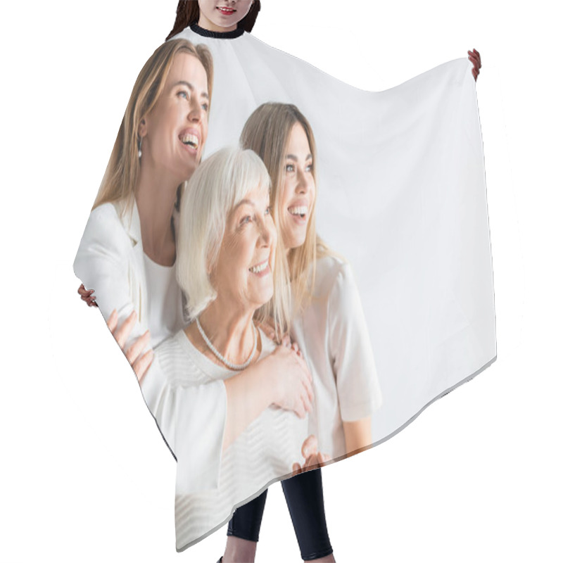 Personality  Three Generation Of Positive Women Smiling While Hugging Isolated On White Hair Cutting Cape