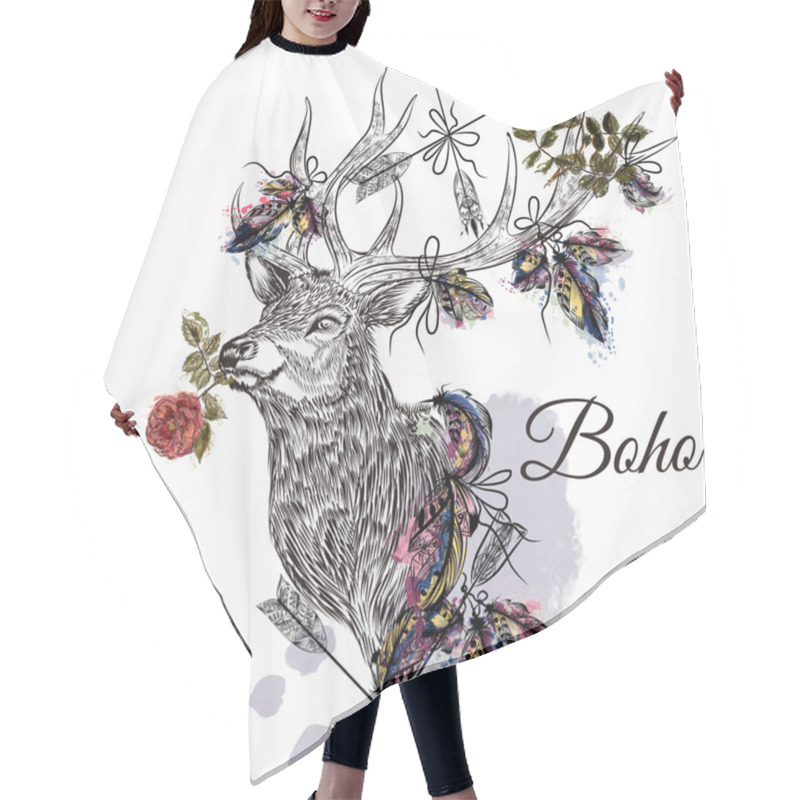 Personality  Deer With Feathers And Arrows Holding Rose Flower Boho Tribal St Hair Cutting Cape