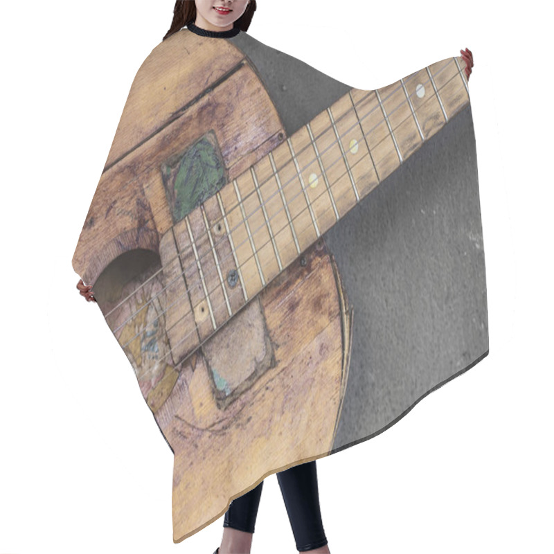 Personality  Old Guitar On Concrete Wall Background With Blurred Front And Ba Hair Cutting Cape