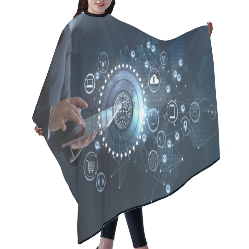 Personality  Woman Touching A Global Network Connection, Omni Channel Hair Cutting Cape