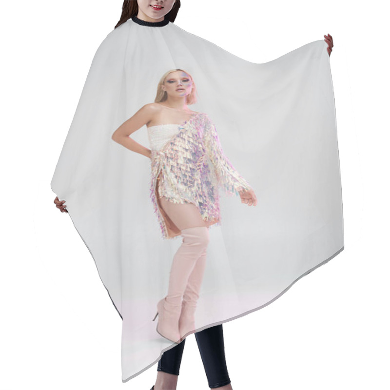 Personality  A Young Woman Showcases Her Chic Holographic Outfit With Poise And Confidence. Hair Cutting Cape