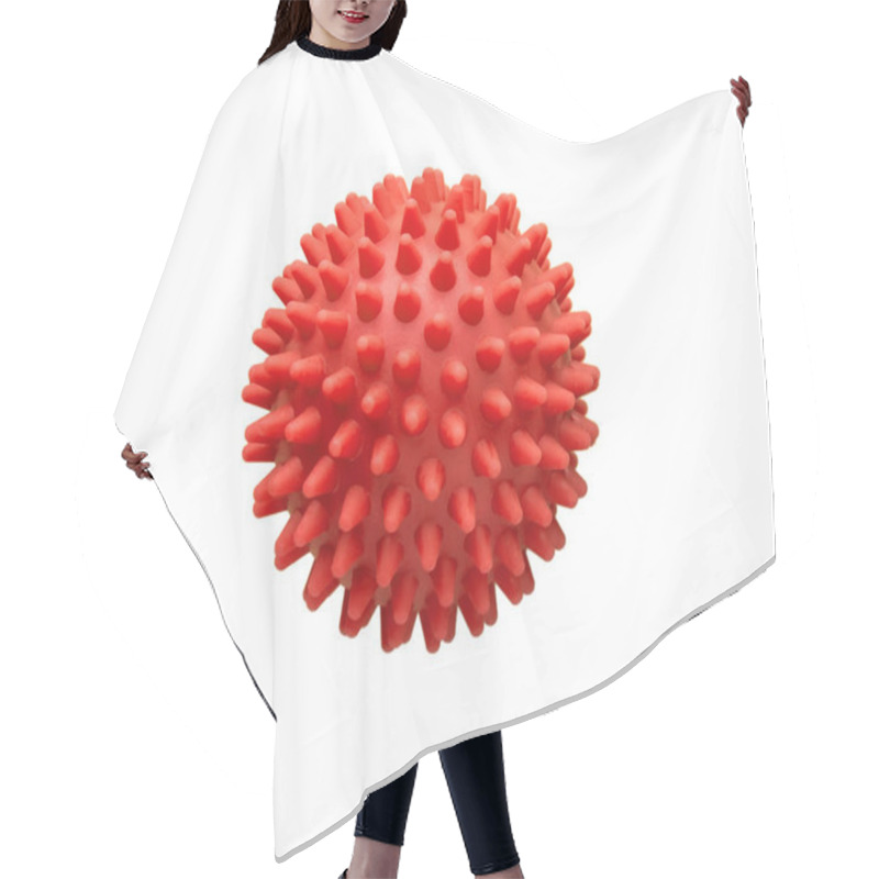 Personality  Red Rubber Plastic Spiny Massage Ball Isolated On Whit Hair Cutting Cape