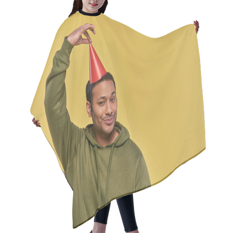 Personality  Smiley Indian Man In Street Outfit With Cunning Look Touching His Birthday Hat On Yellow Backdrop Hair Cutting Cape