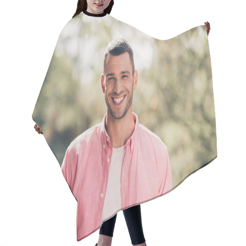 Personality  Photo Of Handsome Attractive Young Guy Dressed Pink Casual Shirt Smiling Enjoying Warm Weather Outdoors Backyard. Hair Cutting Cape