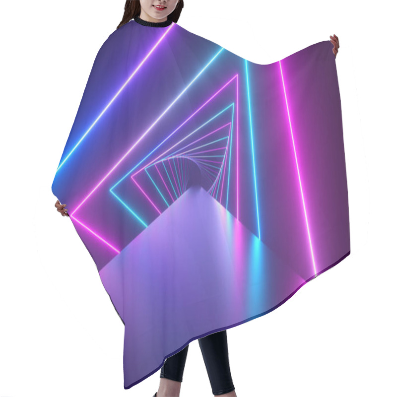 Personality  Flying Through Glowing Rotating Neon Triangles Creating A Tunnel, Blue Purple Pink Violet Spectrum, Fluorescent Ultraviolet Light, Modern Colorful Lighting, 3d Illustration Hair Cutting Cape