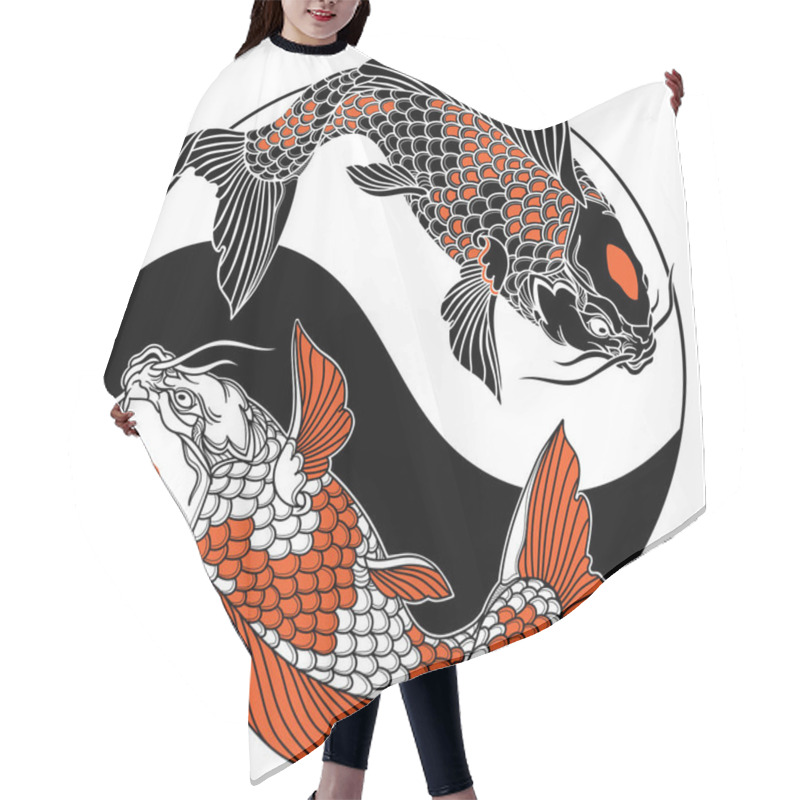 Personality  Two Koi Carp Fishes In The Circle Of Yin Yang Symbol. Tattoo. Black White Red Vector Illustration Hair Cutting Cape