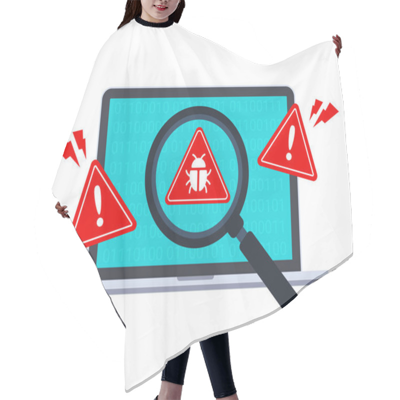 Personality  Computer Bug Detection Icon. System Error Warning On A Laptop. Emergency Alert. Scanning For Malware, Virus, Scam, Or Bug With A Magnifying Glass. Antivirus Concept. Illustration With The Flat Style. Hair Cutting Cape