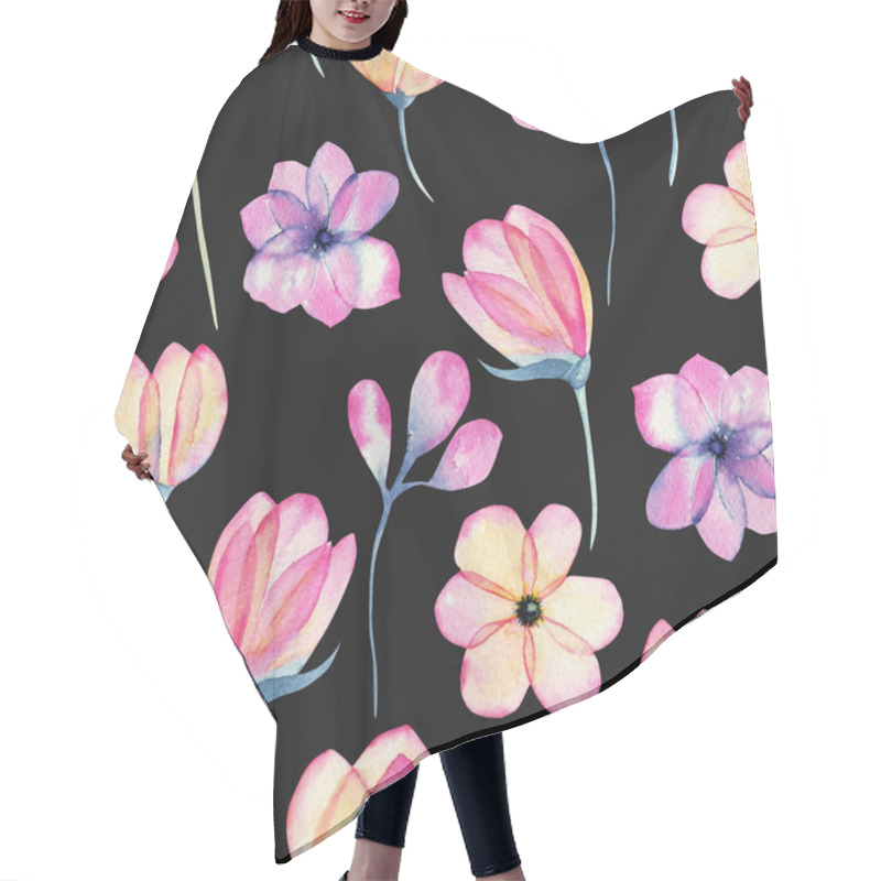 Personality  Watercolor Pastel Pink Apple Blossom Flowers Seamless Pattern, Hand Painted On A Dark Background Hair Cutting Cape