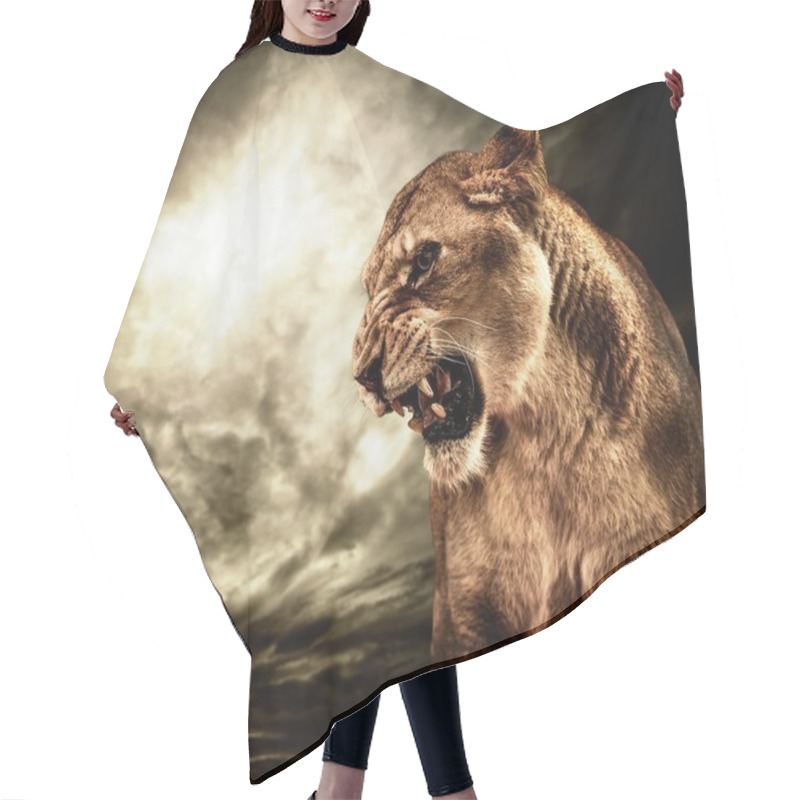 Personality  Roaring Lioness Against Stormy Sky Hair Cutting Cape