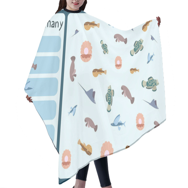 Personality  Kids Mathematical Mini Game - Count How Many Sea Animals - Puffer Fish, Manatees, Flying Fish, Shal With Pear, Stringray, Mandarin. Hair Cutting Cape