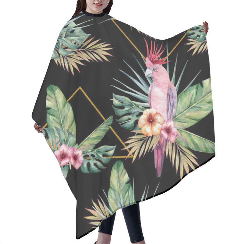 Personality  Watercolor Tropical Seamless Pattern With Parrots, Hibiscus Flowers, Banana And Monstera Leaves. Trendy Pattern With Golden Elements For Wallpapers, Web Page Backgrounds, Fabric And Other Products. Hair Cutting Cape