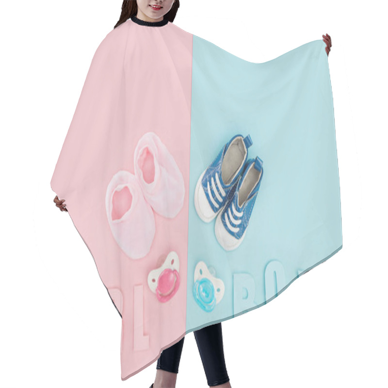 Personality  Top View Of Pacifiers, Booties, Sneakers And Boy, Girl Lettering On Pink And Blue Background Hair Cutting Cape