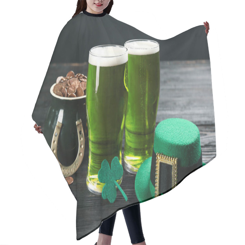 Personality  Composition With Green Beer And Clover On Black Wooden Table. St. Patrick's Day Celebration Hair Cutting Cape