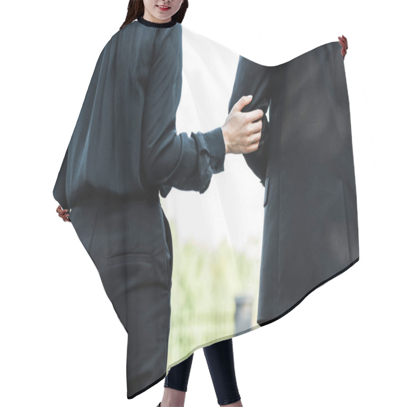 Personality  Cropped View Of Woman Touching Hand On Senior Man On Funeral  Hair Cutting Cape