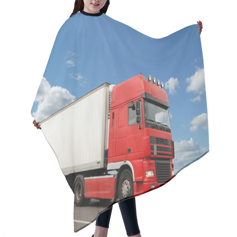 Personality  Red Lorry With White Trailer Over Blue S Hair Cutting Cape