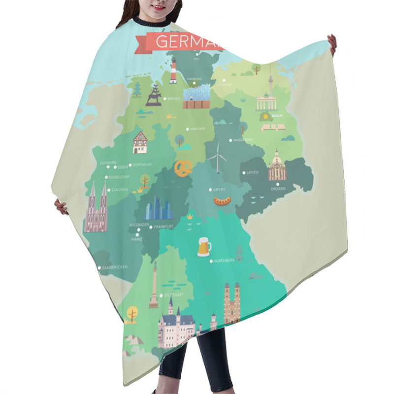 Personality  Stylized Map Of Germany. Travel Illustration With German Landmarks. Hair Cutting Cape