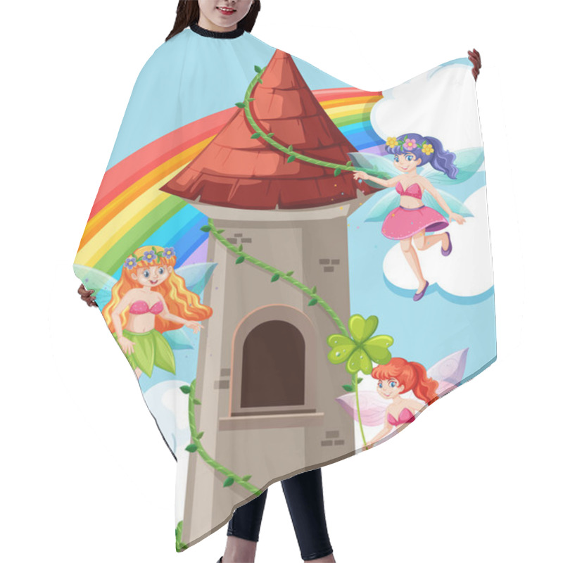 Personality  Fairy Tales And Castle Tower Cartoon Style On Rainbow Sky Backgroun Hair Cutting Cape