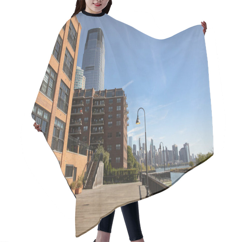 Personality  Contemporary Buildings And Embankment Of Hudson River In New York City Hair Cutting Cape