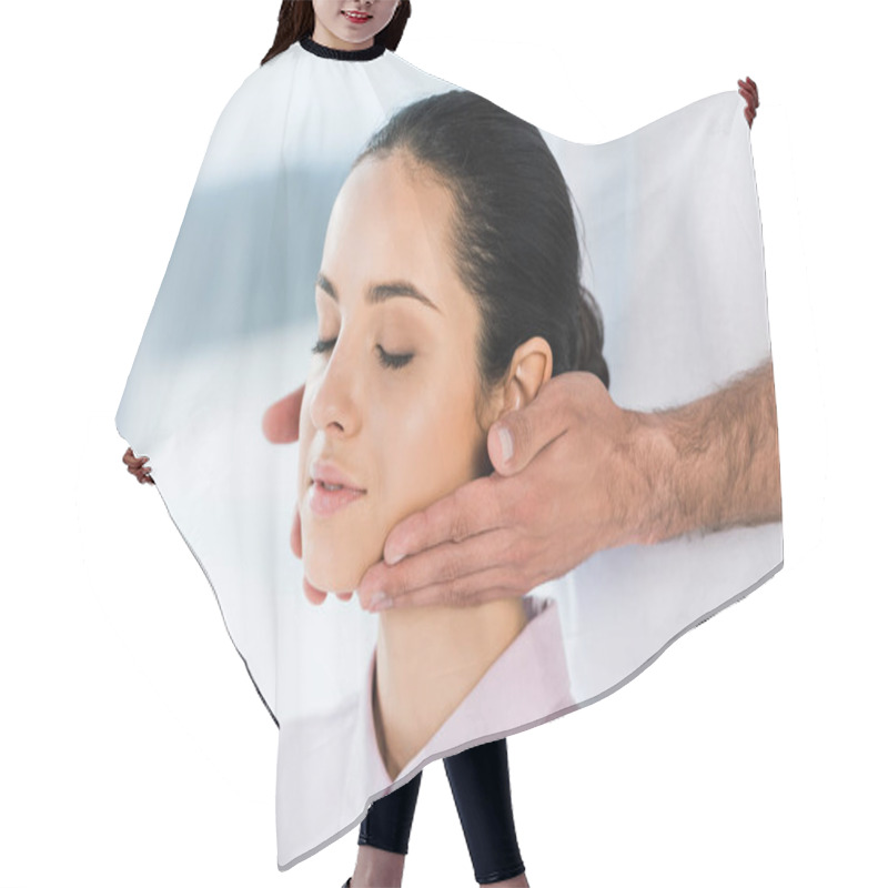 Personality  Cropped View Of Masseur Holding Hands Near Neck Of Attractive Woman  Hair Cutting Cape