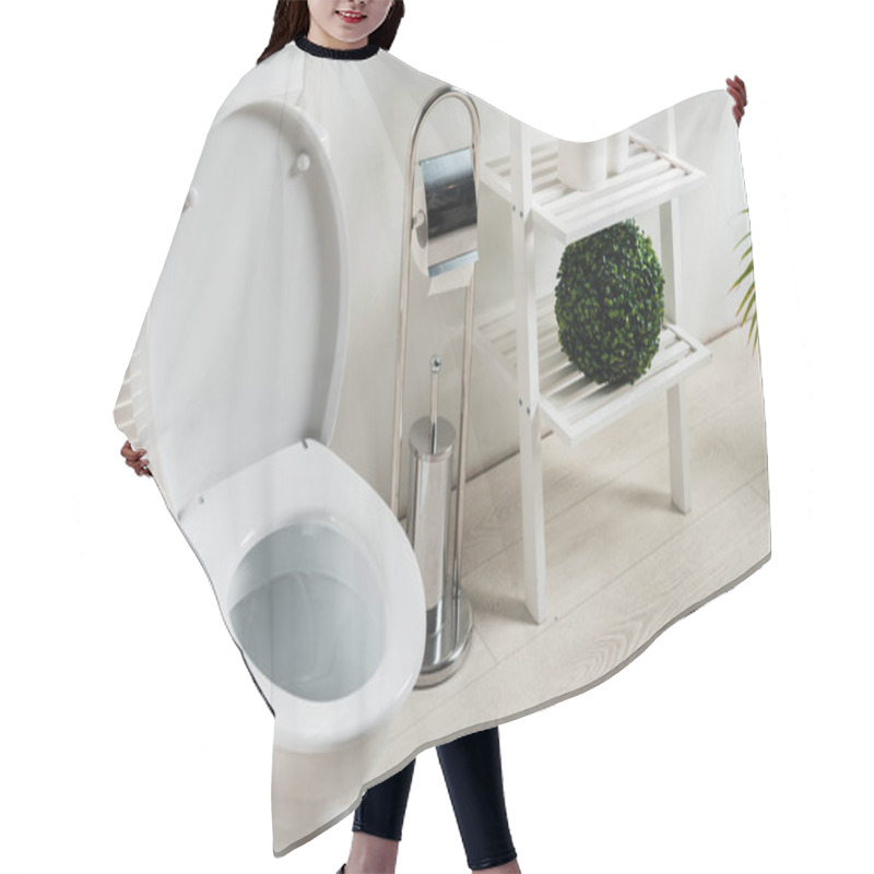 Personality  Interior Of White Modern Bathroom With Toilet Bowl Near Folding Screen, Toilet Brush, Toilet Paper, Rack And Plants Hair Cutting Cape