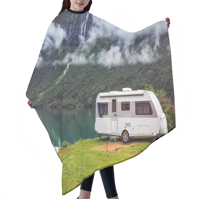 Personality  Family Vacation Travel RV, Holiday Trip In Motorhome, Caravan Car Vacation. Beautiful Nature Norway Natural Landscape. Hair Cutting Cape