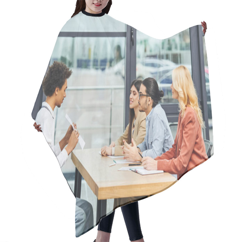 Personality  Intense Job Interview With Potential Employees In A Bustling Office Setting. Hair Cutting Cape