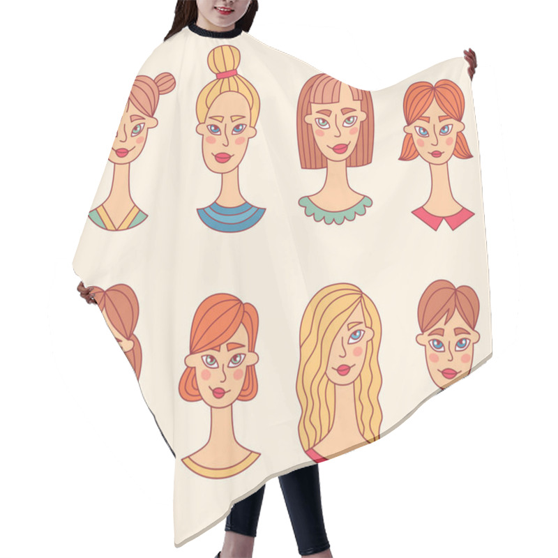 Personality  Women Females Doodle Portraits Avatars Vector Set Hair Cutting Cape