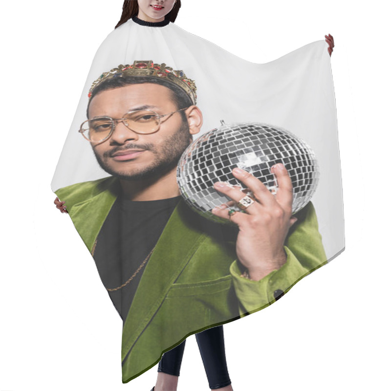 Personality  Indian Hip Hop Performer In Green Velvet Blazer And Crown Holding Disco Ball Isolated On Grey Hair Cutting Cape