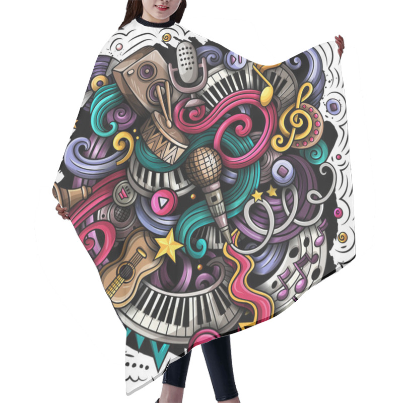 Personality  Music Hand Drawn Raster Doodles Illustration. Musical Poster Design Hair Cutting Cape