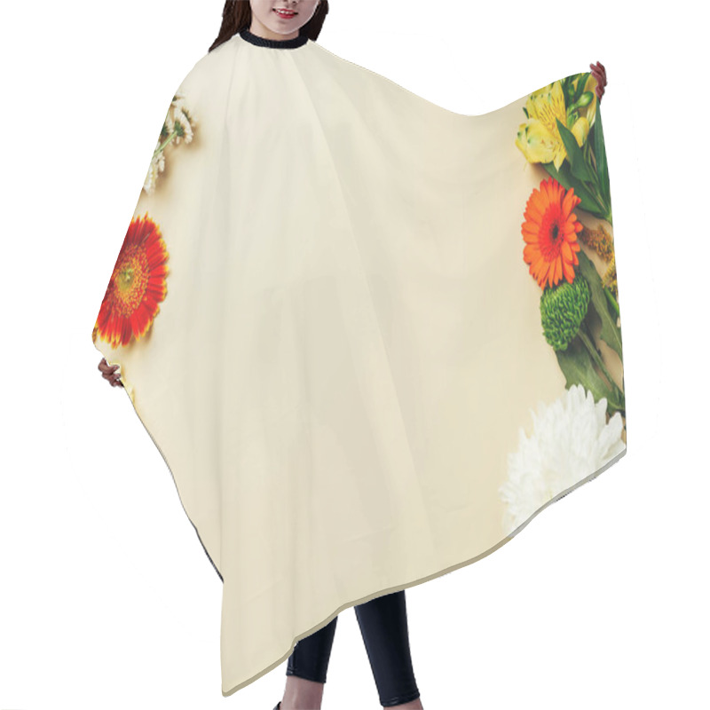 Personality  Flat Lay With Various Beautiful Flowers Arrangement On Beige Background Hair Cutting Cape