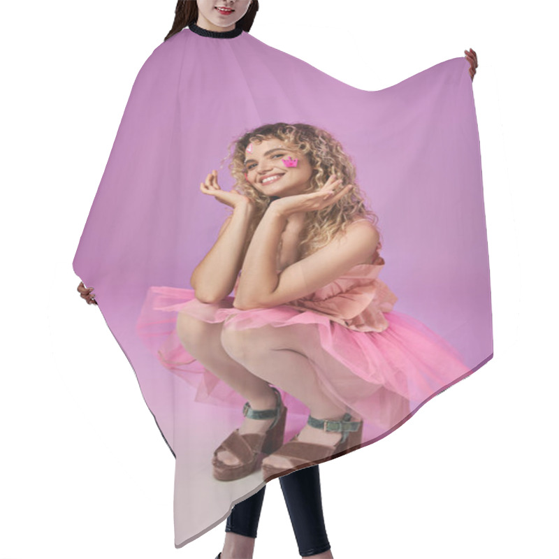 Personality  Lovely Jolly Woman In Pink Costume Of Tooth Fairy With Face Stickers Squatting Raising Hands To Face Hair Cutting Cape