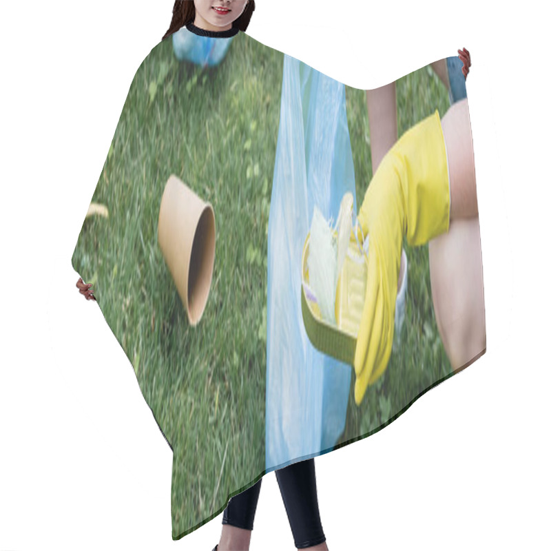 Personality  Cropped View Of Woman Holding Tin Can And Garbage Bag Outdoors, Banner  Hair Cutting Cape