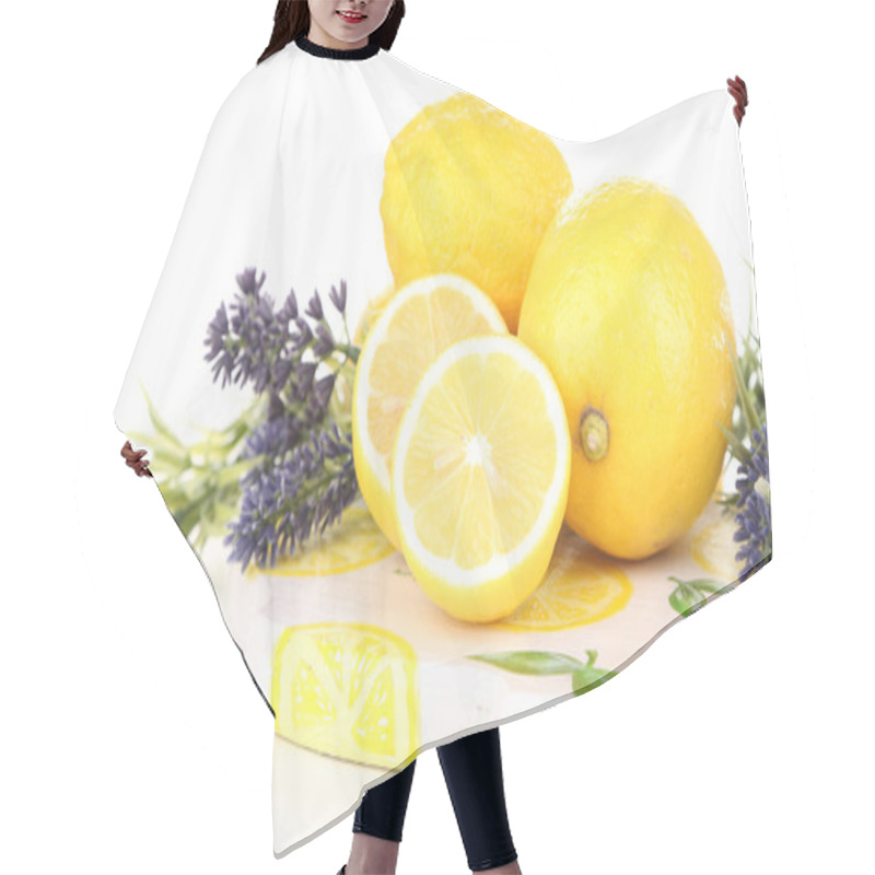 Personality  Still Life With Fresh Lemons And Lavender, Isolated On White Hair Cutting Cape