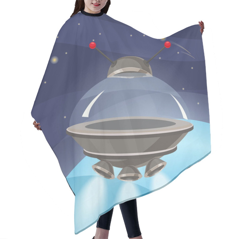 Personality  UFO Spaceship, Cartoon Style, Background Space Planet, Isolated, Vector, Illustration Hair Cutting Cape