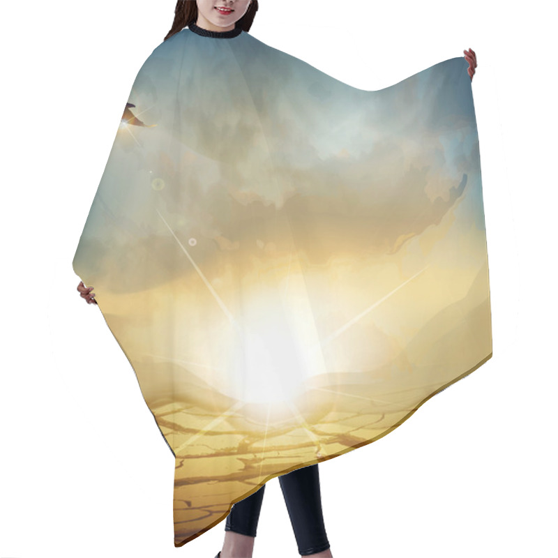 Personality  Vector Desert Landscape With Rising Sun And An Eagle Flying High Hair Cutting Cape