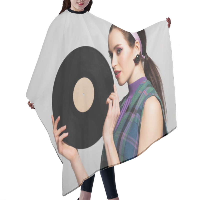 Personality  Pretty Young Woman In Headband Holding Retro Vinyl Disc Isolated On Grey Hair Cutting Cape