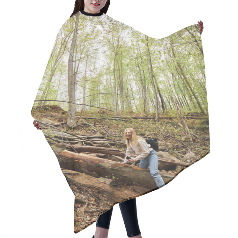 Personality  Laughing Joyful Blonde Hiker Girl Crawling The Wood In Forest While Trekking, Adventure Hair Cutting Cape