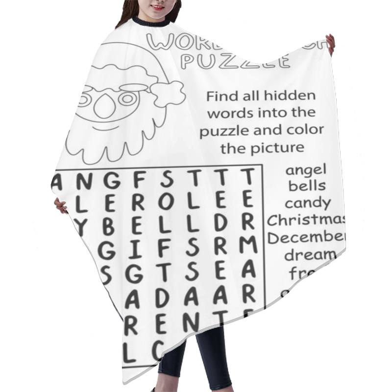 Personality  Merry Christmas - Word Search Puzzle For Kids In English Vector Illustration. Winter Holidays Word Game And Coloring Activity Page For Children Black And White Version Hair Cutting Cape