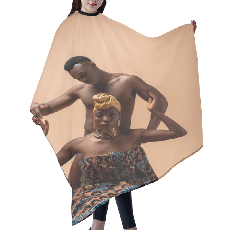 Personality  Sexy Naked Tribal Afro Woman Covered In Blanket Posing Near Man On Beige Hair Cutting Cape