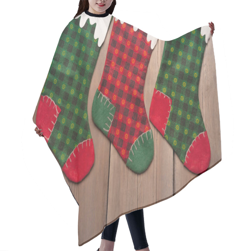 Personality  Christmas Stockings Hanging Against Wooden Wall Hair Cutting Cape