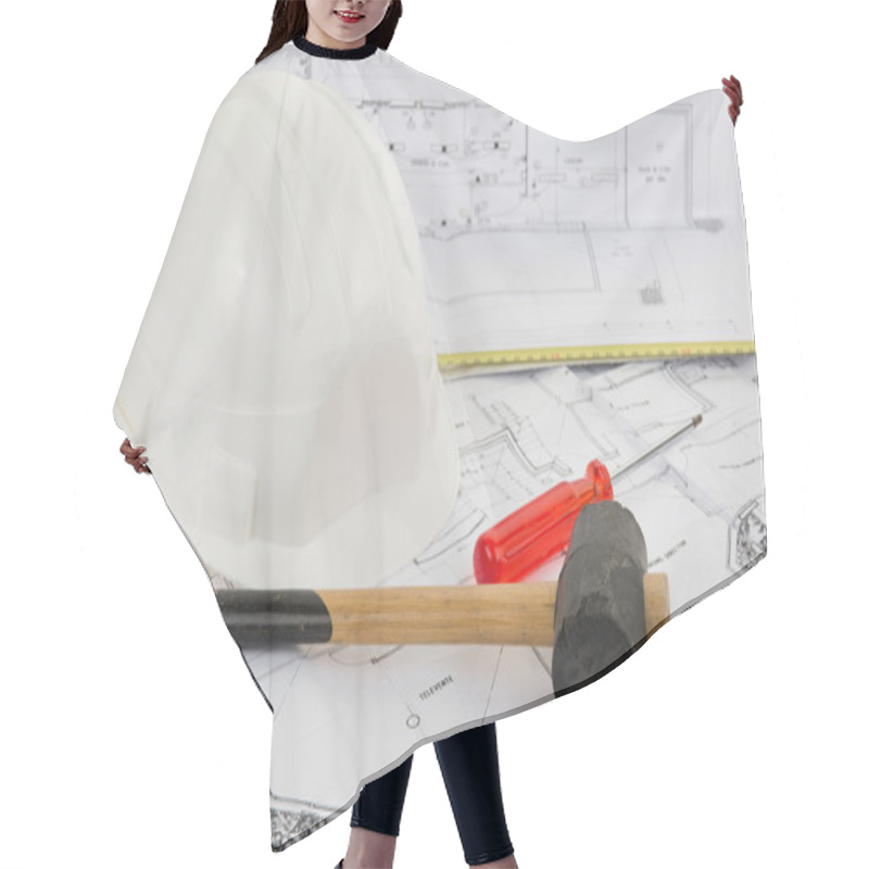 Personality  Composition Of Construction Tools Hammer Helmet Level Blueprints Hair Cutting Cape