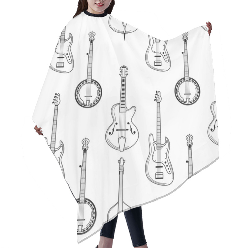 Personality  Strumming Instruments Hand Drawn Outline Seamless Pattern. Guitar, Banjo, Cello Texture. Black Contour String Instruments On White Background. Music Festival, Jazz Performance Wrapping Paper Design Hair Cutting Cape