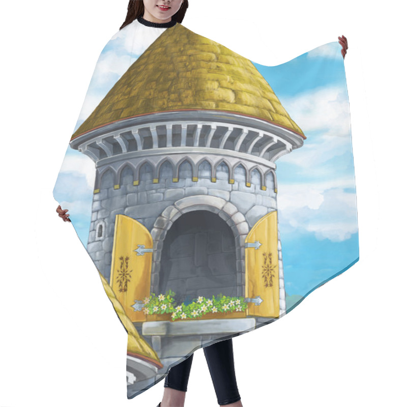 Personality  Cartoon Scene With Castle Tower  Hair Cutting Cape