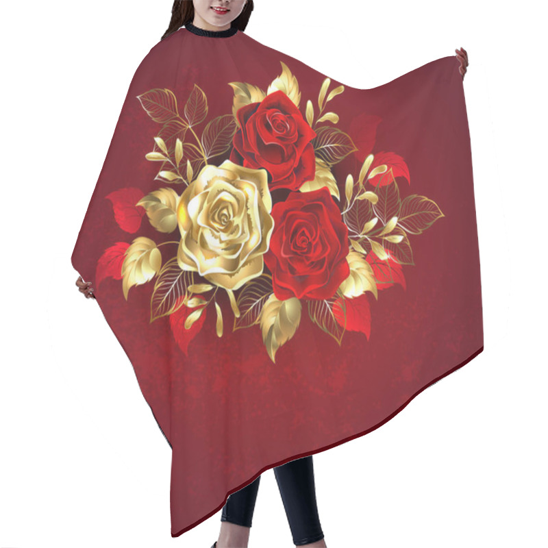 Personality  The Composition Of Two Artistically Painted Red Roses And One Golden Rose, Decorated With Gold, Jewel Leaves On Textured Background. Hair Cutting Cape