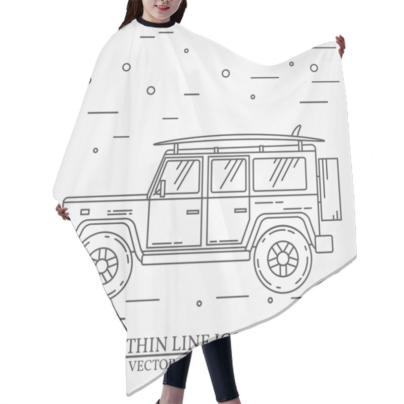 Personality  Travel Car Family Camper With Surf Board Thin Line. Traveler Truck Car Outline Icon. Travel Car Grey And White Vector Pictogram Isolated On White. Summer  Family Travel Concept. Vector Illustration. Hair Cutting Cape