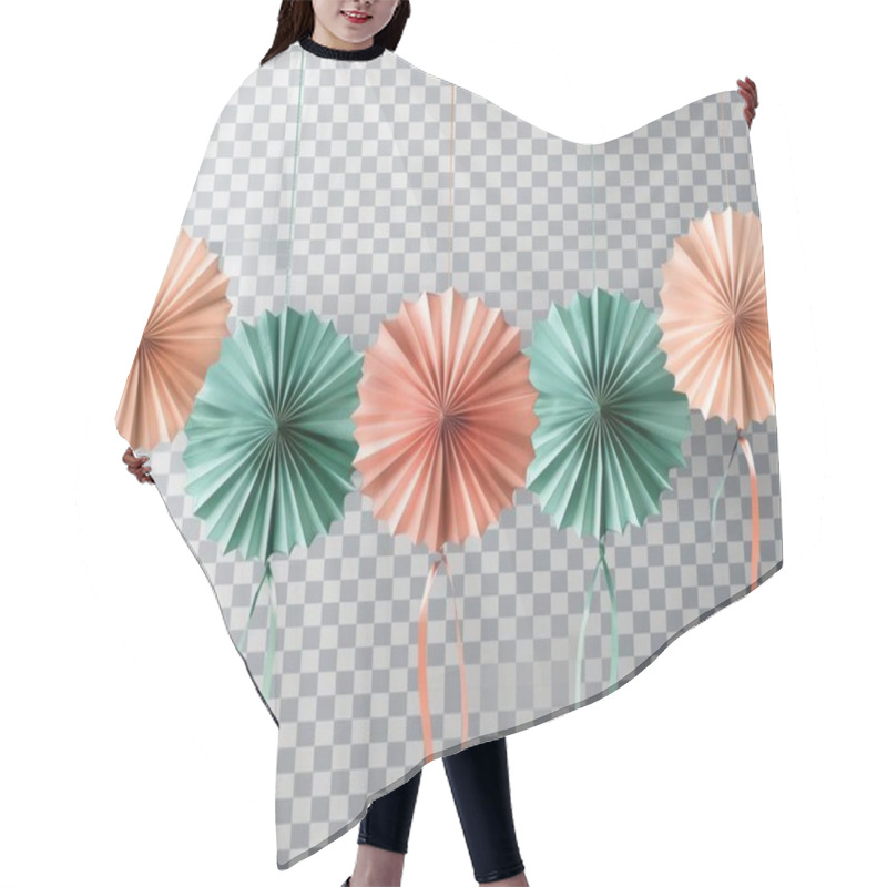 Personality  Colorful Paper Rosettes In Peach And Teal Hang Against A Checkered Background, Adding A Festive Touch To Any Celebration. Hair Cutting Cape