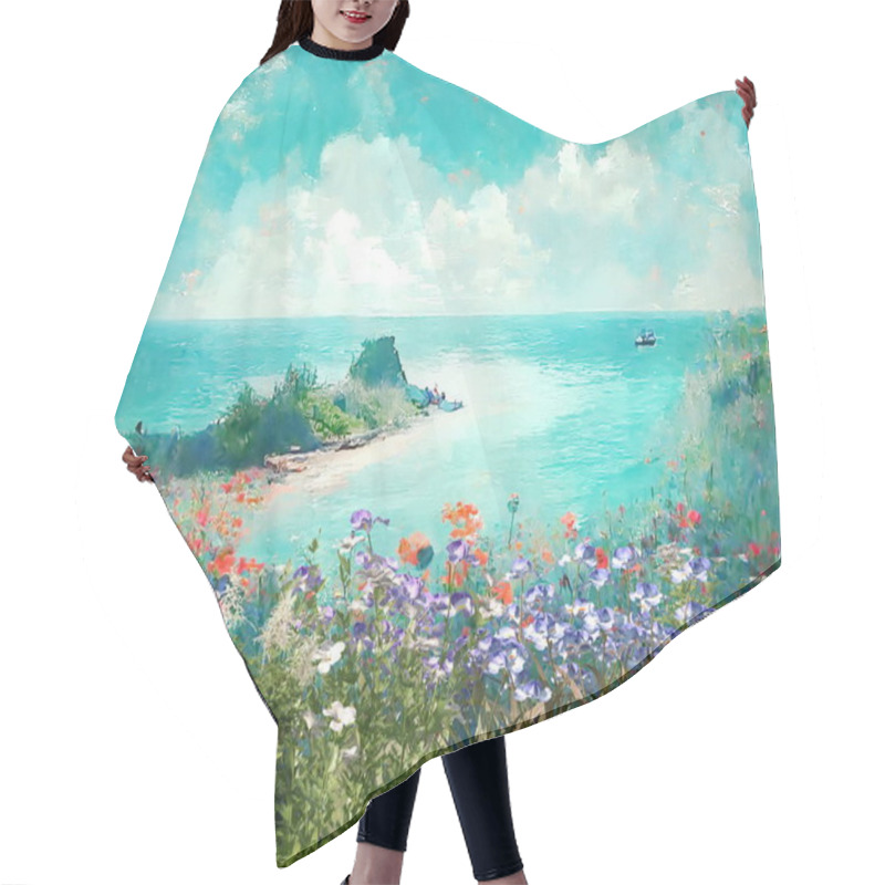 Personality  Summer  Blue Sky Green Sea  Water Wild Flowers On Beach Nature Landscape , Impressionism Art Background ,paint By Monet Style  Hair Cutting Cape